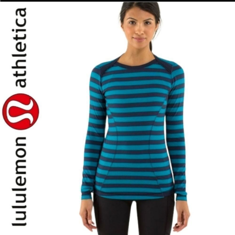 LULULEMON BASE SETTER BASE RUNNER TEAL BLACK STRIPED ATHLETIC LONG SLEEVE SHIRT